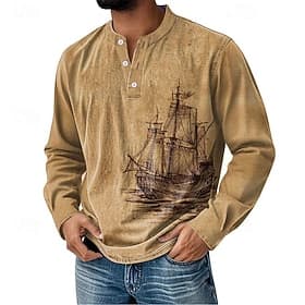Men's Graphic Vintage Henley Shirt Long Sleeve Vintage Fashion Cute Casual Holiday Going out Spring   Fall Blue Pink Green Khaki Henley Henley T-Shirt