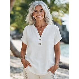 Femmes Chemisier Boutons Couleur Unie Élégant Occasionnel Manche Courte Col en V Hauts Réguliers Quotidien Bleu Noir Blanche Rouge Abricot Été Printemps