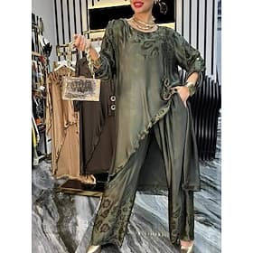 Women's Pants Sets Bolero Top Long Sleeve Round Neck Leopard Ruched Elegant Fashion Streetwear Outdoor Vacation Holiday Army Green Brown Khaki Summer Loose Fit