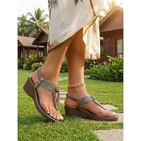Women's Pewter Metallic Wedge Thong Sandals with Ornate Medallion – Bohemian Resort Style, Comfortable Strappy Platform Sandals for Tropical Vacations and Summ