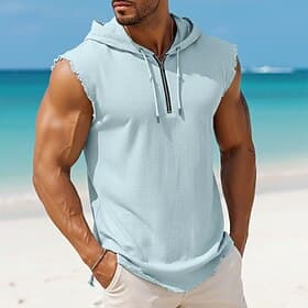 Herren Leinenhemd Tank Top Unterhemd Ärmellos Mit Kapuze Zur Seite fahren Sommer Einfach Mode Klassisch Modern Viertel Postleitzahl Lässig Fitnessstudio Straße