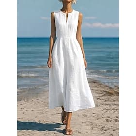 Women's Maxi Dress Linen-feel Dresses A Line Dress Summer Dress Casual Daily Regular Fit Plain Sleeveless V Neck Navy Black White Summer