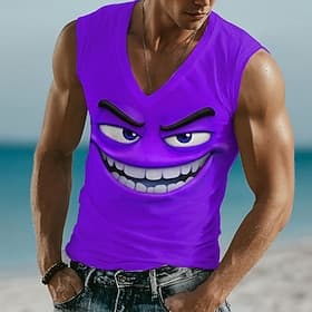 Men's 3D Cartoon Funny Emotes T Shirt Sleeveless T shirt 3D Print V Neck Shirt Tropical Outdoor Vacation Hawaiian Blue Purple Orange Summer Spring Clothing App