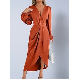 Women's Midi Dress Satin Dress Party Dress Wrap Dress Elegant Fashion Modern Outdoor Vacation Going out Regular Fit Plain Long Sleeve V Neck Army Green Orange