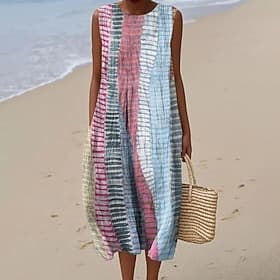 Women's Midi Dress Linen Like Sundress Shift Dress A Line Dress Vacation Casual Boho Beach Going out Loose Fit Graphic Geometric Sleeveless Crew Neck Blue Summ