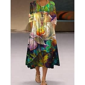 Women's Casual Dress Swing Dress Long Dress Maxi Dress Green Blue Khaki Long Sleeve Animal Pocket Spring Summer V Neck Spring Dress Weekend Loose Fit 2023 S M