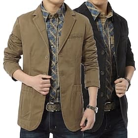 Men's Blazer Jacket Casual Daily Outdoor Vintage Casual Summer Spring Cotton Solid Color Button-Down Thermal Warm Single Breasted Blazer Black khaki Army Green