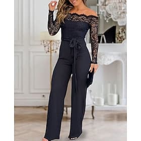 Women's Jumpsuit Elegant Solid Color Long Sleeve Wide Leg Off Shoulder Lace Patchwork Daily Vacation Regular Fit Black Wine Navy Blue Spring