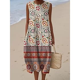 Women's Midi Dress Linen Like Sundress Shift Dress A Line Dress Vacation Casual Boho Beach Party Going out Loose Fit Floral Graphic Sleeveless Crewneck White L
