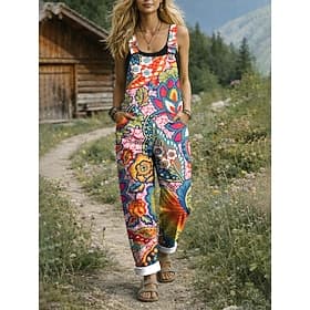 Damen Latzhose Aktiv Blumen Ärmellos Gerade mit Tasche Täglich Urlaub Lässiger Schnitt Blau Gelb Rote Sommer
