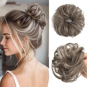1PC Small Cute Messy Bun Hair Piece for Thin Hair Women Mini Synthetic Curly Bun Scrunchies Updo Hairpieces Middle Grey
