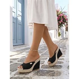 Schwarze Keilsandalen mit Peep Toe für Damen – lässige Espadrille-Plateauschuhe für den Sommer für Urlaub und Strand