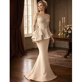 Mermaid Trumpet Floor Length Wedding Guest Dress Formal Dresses Evening Gown Mother of the Bride Dress Long Sleeve Scoop Neck Elegant Formal Wedding Guest Lace