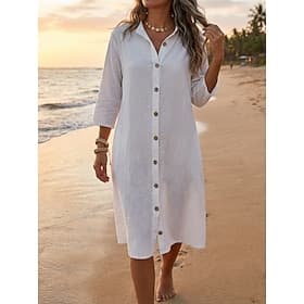 Women's Knee Length Dress Faux Cotton Linen Shirt Dress Fashion Modern Daily Outdoor Vacation Regular Fit Plain Half Sleeve Shirt Collar Black White Green Summ