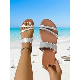 Women's Silver Glitter Multi-Strap Slide Sandals - Elegant Shimmering Flat Beach Sandals, Comfortable Sparkly Summer Shoes for Tropical Vacations, Island Trave