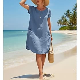 Women's Mini Dress Shift Dress Cotton Linen Dresses Linen Dress Casual Dress Basic Casual Daily Vacation Regular Fit Plain Short Sleeve Crew Neck Blue Black Kh