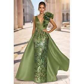 A-Line Sheath Column Floor Length Evening Gown Ball Gown with Overskirt Elegant Glittering Floral Sleeveless V Neck Evening Party Wedding Satin with Floral Pri