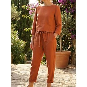 Women's Linen-feel Set Cotton Linen Sets Pants Sets Long Sleeve Crew Neck Plain Drawstring Fashion Streetwear Casual Daily Outdoor Black Orange Beige Summer Lo