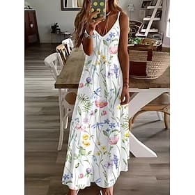 Easter Women's Maxi Dress Sundress A Line Dress Slip Dress Vacation Casual Boho Beach Regular Fit Floral Graphic Sleeveless V Neck White Summer Spring