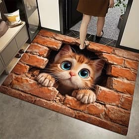 3D Illusion Kitten Doormat 2D Print of Cat Peeking Through Brick Wall for a Playful and Whimsical Entryway Accent Rug Perfect for Cat Lovers