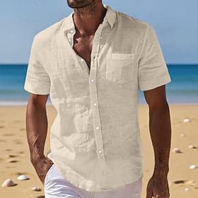 Men's Linen Shirt Summer Shirt Beach Wear Button Up Shirt Plain Casual Vacation Black White Navy Blue Sky Blue Short Sleeve Turndown Summer Clothing Apparel Po