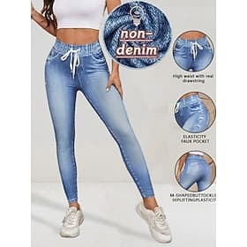 Women's Jeans Leggings Jeggings Vacation Streetwear Casual Full Length Medium Waist Plain Drawstring Pocket Comfy High Elasticity Daily Outdoor Vacation Blue S