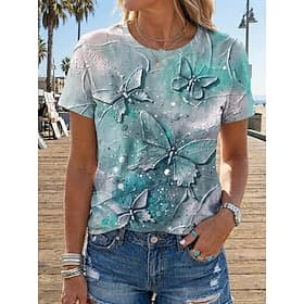 Women's T Shirt Print Butterfly Fashion Modern Short Sleeve Crew Neck Regular Tops Daily Blue Yellow Pink Sky Blue Summer