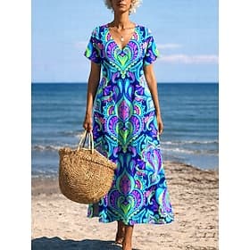 Women's Midi Dress Sundress A Line Dress Vacation Casual Boho Butterfly Sleeve Beach Regular Fit Graphic Tribal Short Sleeve Crewneck Blue Light Blue Black Gol