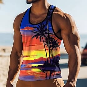 Men's Tropical Palm Tree Beach Sunset Colorful Landscape Hawaii Style Tank Top Vest Sleeveless Shirt U Neck Summer Beach Vacation Holiday Fashion Casual Sport
