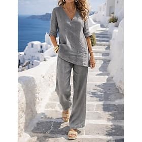 Women's Linen-feel Set Two Piece Sets Pants Sets Long Sleeve V Neck Solid Color Drawstring Fashion Streetwear Stylish Casual Daily Outdoor Blue Black Khaki Spr