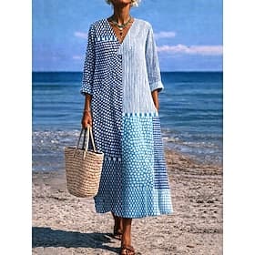 Damen Midi Kleid V-Ausschnitt Langarm Kaftan Leicht Lockerer Schnitt A-Linien Kleid Lässig Boho Ausgehen Grafisch Geometrisch Streifen Langarm V-Ausschnitt Ora thumbnail 3