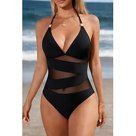 Women's Swimwear One Piece Monokini Swimsuit Mesh Tummy Control High Waist Slim Backless Vacation Beach Wear Solid Color V Neck Sleeveless Bathing Suits