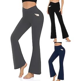 Women's Trousers Casual Pants Flare Leggings Vacation Fashion Streetwear Full Length High Waist Plain Pocket Elastic Waist Comfortable Stretchy Daily Yoga Spor