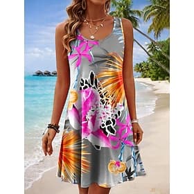 Dames Mini-jurk Zonnejurk A lijn jurk Zomerjurk Vakantie Casual Boho Strand Feest Bruiloft Normale pasvorm Grafisch Tropisch Mouwloos U-hals blauw Paars Groen