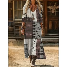 Women's Maxi long Dress Vintage Dress Casual Dress Vintage Daily Outdoor Vacation Regular Fit Geometric Long Sleeve V Neck Gray Spring Fall Autumn