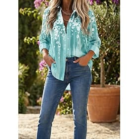 Women's Chiffon Shirt Light Gradient Floral Print Casual Button-Down Long Sleeve Lapel Collar Tops Blouse Breathable Relaxed Fit Multiple Sizes
