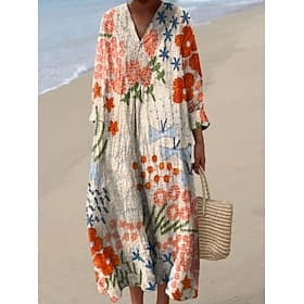 Women's Maxi Dress Shift Dress Vacation Casual Going out Loose Fit Floral Graphic Long Sleeve V Neck Pink Beige Light Orange Summer Spring