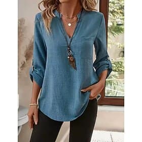 Women's Linen-feel Shirts Blouse Faux Linen Shirt Pocket Solid Color Daily Basic Casual Long Sleeve V Neck Regular Tops Daily Black Khaki Royal Blue Green Apri