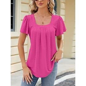 Women's Blouse Eyelet Solid Color Stylish Casual Short Sleeve Square Neck Regular Tops Daily Black Pink Wine Purple Fuchsia Summer Spring