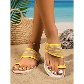 Sandalias amarillas tejidas con aro para mujer: elegantes sandalias planas con tiras anchas a rayas para vacaciones en la playa, vacaciones de verano y uso vac