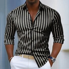 Herren Hemd Satinhemd Kleidhemd Knopfhemd Abschlussballhemd Vertikale Streifen Geschäft Hochzeit Schwarz Wein Marineblau Grün Langarm Umlegekragen Ganzjahres B