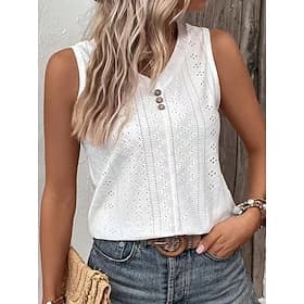 Women's Pointelle Shirt Eyelet Top Tank Top Blouse Eyelet Buttons Plain Stylish Classic Modern Sleeveless V Neck Regular Tops Casual Daily Beach Black White Ye