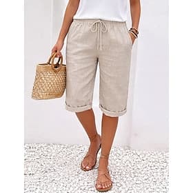 Femmes Short en coton et lin Pantalon capri Pantalon décontracté Shorts d'été Vacances Basique Longueur Genou Taille Moyenne Uni Confortable Non Elastique Gris