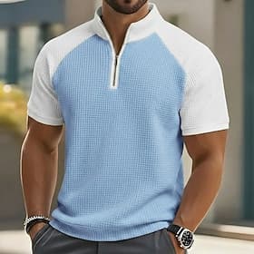 Men's Waffle Polo Shirts Casual Holiday Standing Collar Short Sleeve Basic Modern Plaid Color Block Color Block Buttons Summer Spring Spring  Summer Oversized