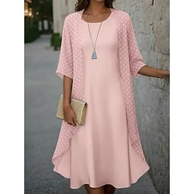 Women's Midi Dress Casual Dress Dress Set Elegant Fashion Modern Outdoor Vacation Going out Regular Fit Polka Dot 3/4 Length Sleeve Crew Neck Pink Purple Brown