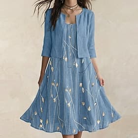 Women's Midi Dress Casual Dress Dress Set Fashion Modern Daily Beach Weekend Regular Fit Flower Half Sleeve V Neck Blue Light Green Pink Red Spring Fall