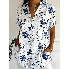 Women's Shirt Buttons Print Floral Graphic Vintage Stylish Modern Short Sleeve Shirt Collar Regular Tops Daily Blue Yellow Purple Green Summer Spring