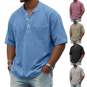 SoftFade™ Men's Henley Shirt 100% Cotton Acid Wash Shirt T shirt Tee Short Sleeve Solid Retro Vintage Casual Style Garment Dyed Washed Henley Casual Spring  Su