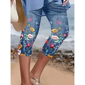 Women's Capri Pants Leggings Vacation Hawaiian Stylish Capris Medium Waist Floral Graphic Print Comfort Stretchy Outdoor Vacation Formal Blue White Green Summe