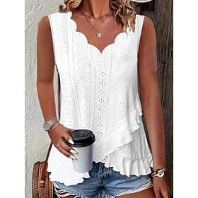 Women's Texture Blouse Eyelet Top Pointelle Tee Tank Top Ruffle Eyelet Solid Color Stylish Casual Sleeveless V Neck Regular Tops Casual Daily Beach Blue White